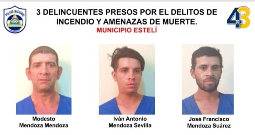Serán acusados por los delitos de piromanía y amenazas de muerte. Foto: Policía de Estelí