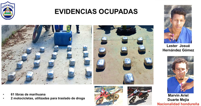 La cantidad de marihuana incautada está valorada en más de 6 mil dólares, la cual presuntamente era trasladada por dos motociclistas sobre la carretera El Jícaro - Ocotal, en Susucayán.