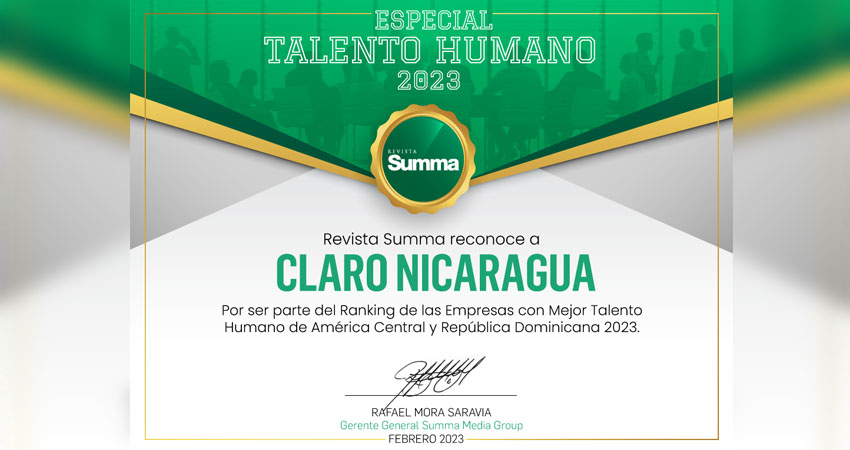 Revista SUMMA reconoce a Claro Nicaragua como una de las empresas con Mejor Talento Humano de la región. Foto: Claro Nicaragua